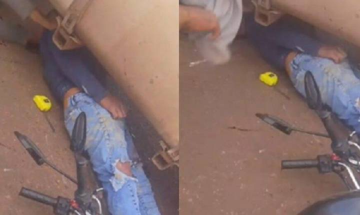 VÍDEO - Motociclista para embaixo de carreta e vídeo mostra momentos de tensão em Rondonópolis; assista