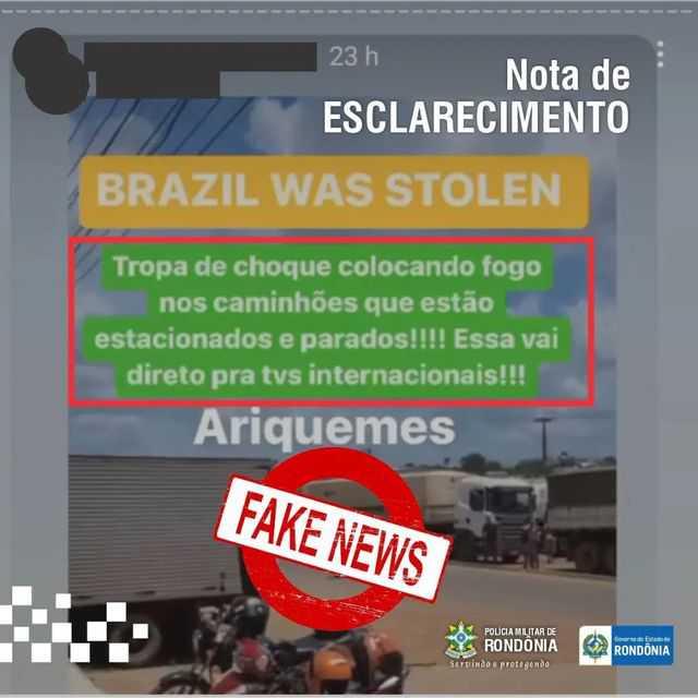 A Polícia Militar de Rondônia esclarece notícia falsa divulgada em redes sociais na data de ontem, 19 de novembro.