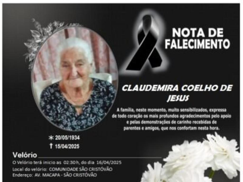 Nota de Pesar - Nota de pesar pelo falecimento de Claudemira Coelho de Jesus