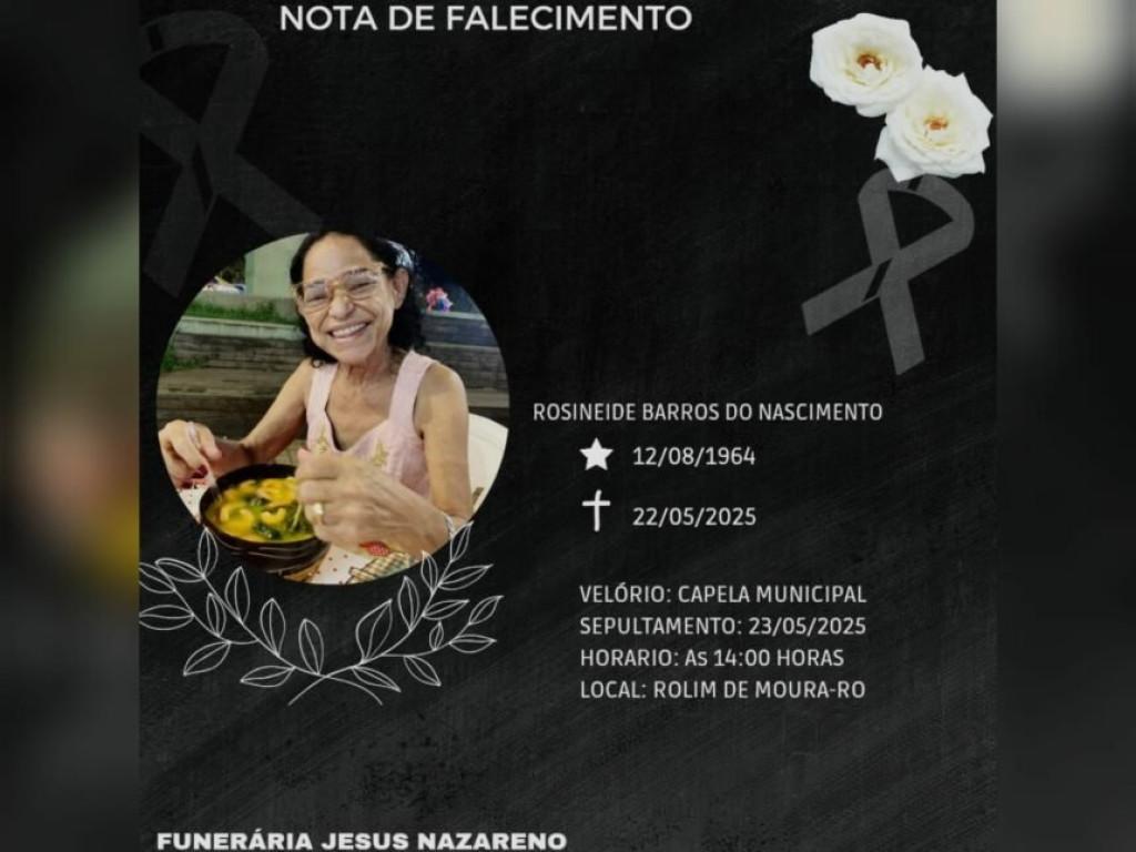 Nota de Pesar -  Rolim de Moura – Nota de pesar pelo falecimento de Rosineide Barros do Nascimento, vítima de Câncer