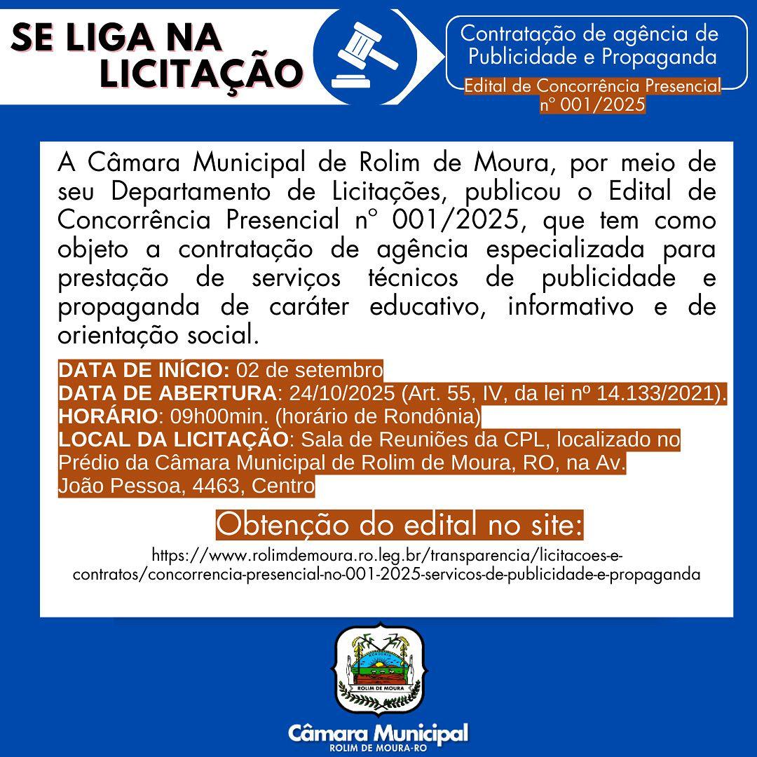 Câmara Municipal de Rolim de Moura publica edital para contratação de serviços de publicidade e propaganda