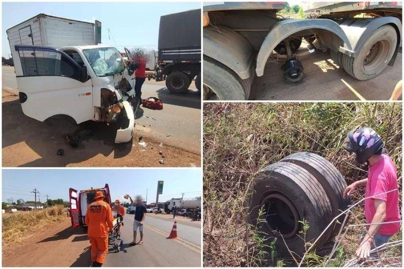 Impacto na Estrada -  Rodas de carreta se soltam e destroem cabine de caminhão na BR-364 em Pimenta Bueno