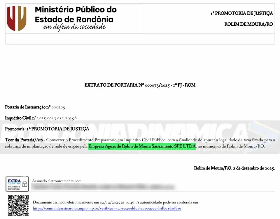 INVESTIGAÇÃO - Águas de Rolim de Moura é alvo de inquérito do MP sobre taxa de implantação de rede de esgoto