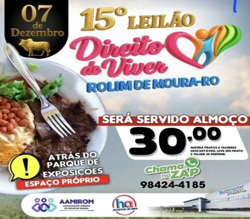 Leilão Direito de Viver - 15º Leilão Direito de Viver será realizado em Rolim de Moura no dia 7 de dezembro
