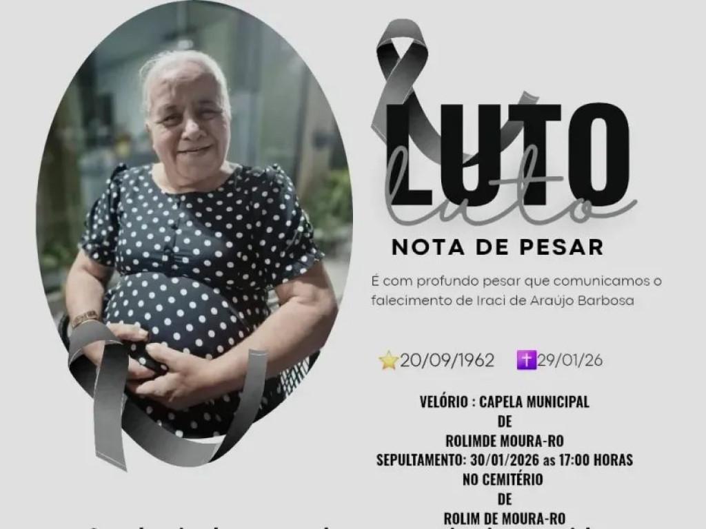 NOTA DE PESAR - Nota de pesar pelo falecimento de Iraci de Araújo Barbos