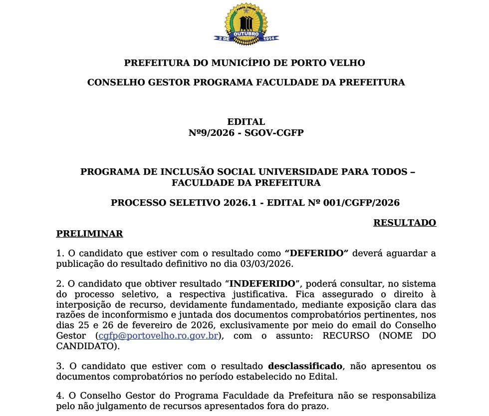 Concursos e Empregos - Divulgado resultado preliminar da Faculdade da Prefeitura 2026