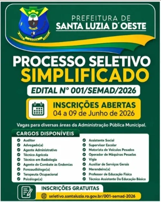 Destaque Prefeitura de Santa Luzia d’Oeste encerra hoje inscrições para Processo Seletivo Simplificado