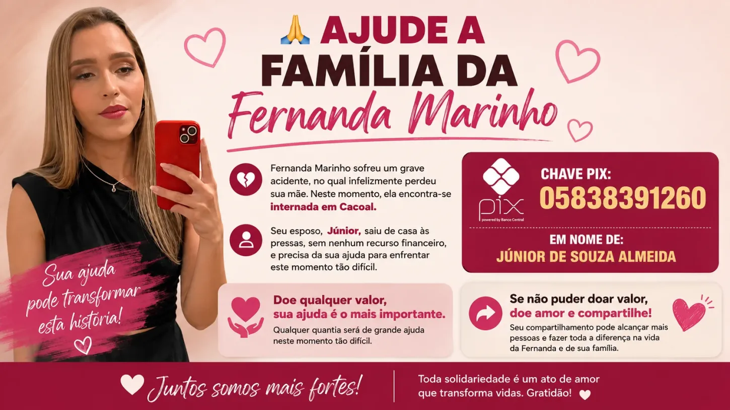 cidade - Corrente solidária busca ajudar Fernanda Marinho e família após grave acidente