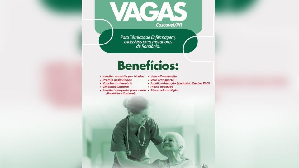 Rondônia - Hospital do Paraná busca técnicos de enfermagem de Rondônia com salário de até R$ 3,7 mil e auxílio-moradia