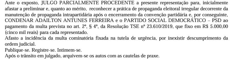 Eleições - PSD e Adailton Fúria são multados pela Justiça Eleitoral por propaganda irregular