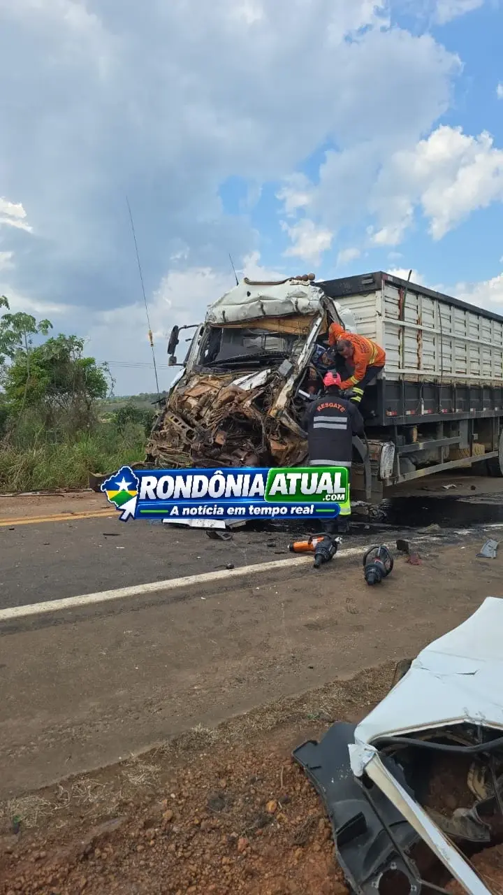 A força da batida destruiu completamente a parte dianteira do caminhão boiadeiro.