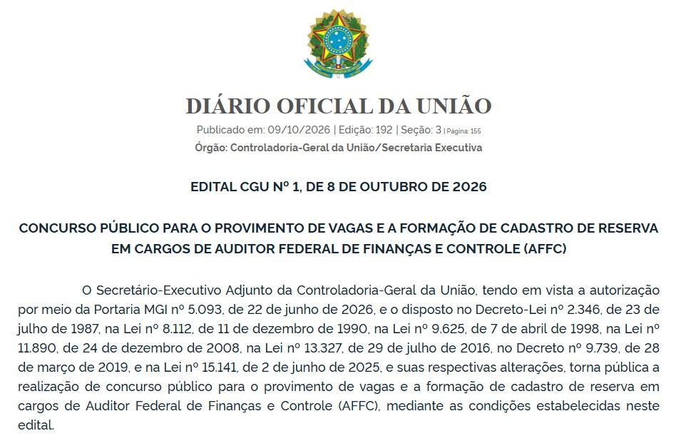 CGU publica edital de concurso para Auditor Federal de Finanças e Controle com vagas para Rondônia