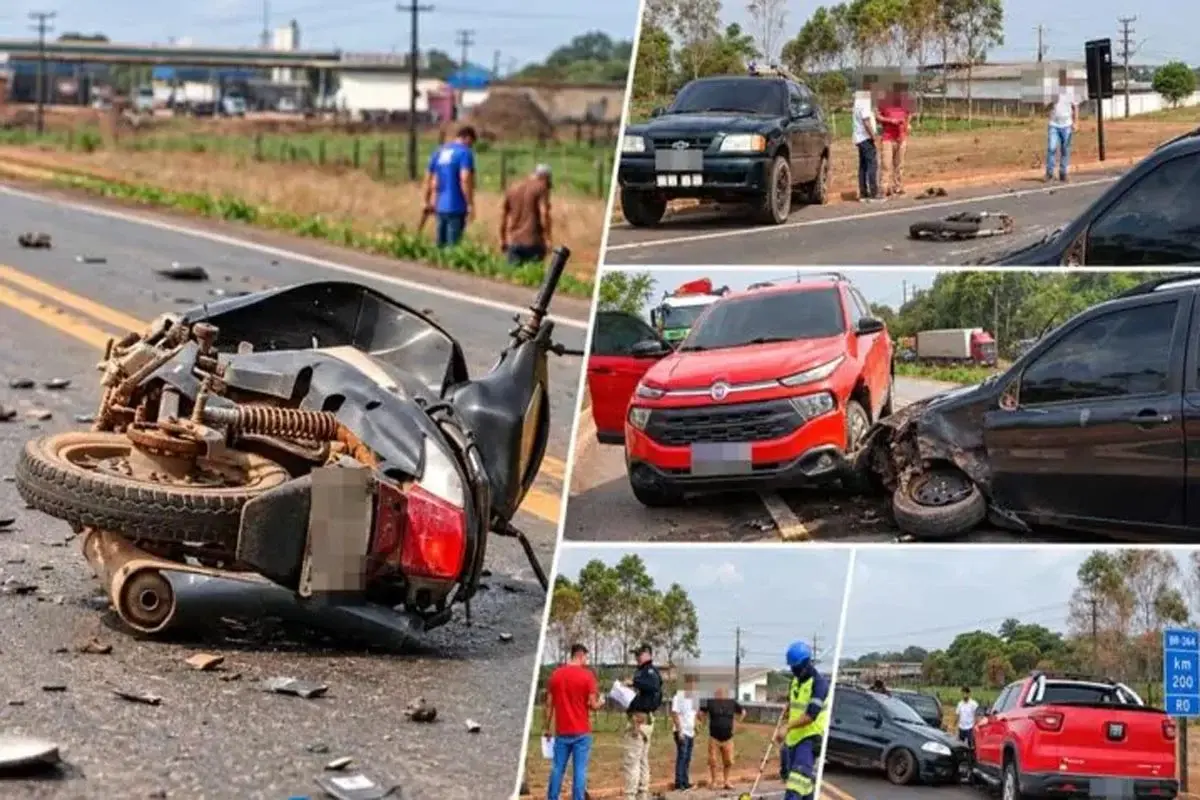 Pimenta Bueno - Motociclista fica ferida em acidente envolvendo quatro veículos na BR-364