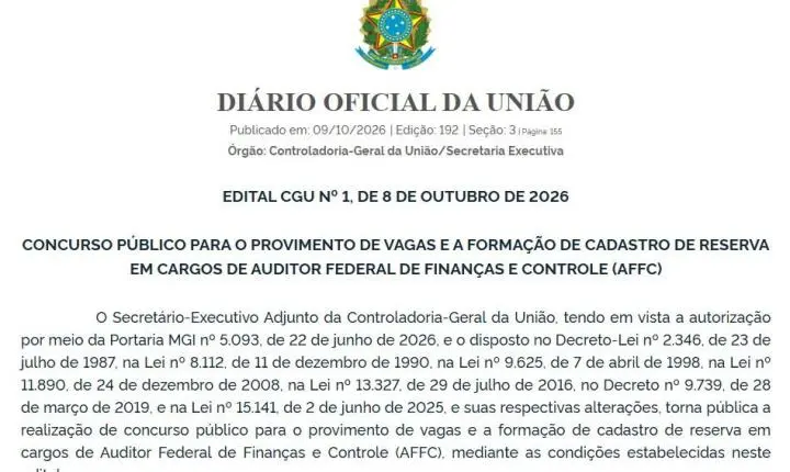 CGU publica edital de concurso para Auditor Federal de Finanças e Controle com vagas para Rondônia
